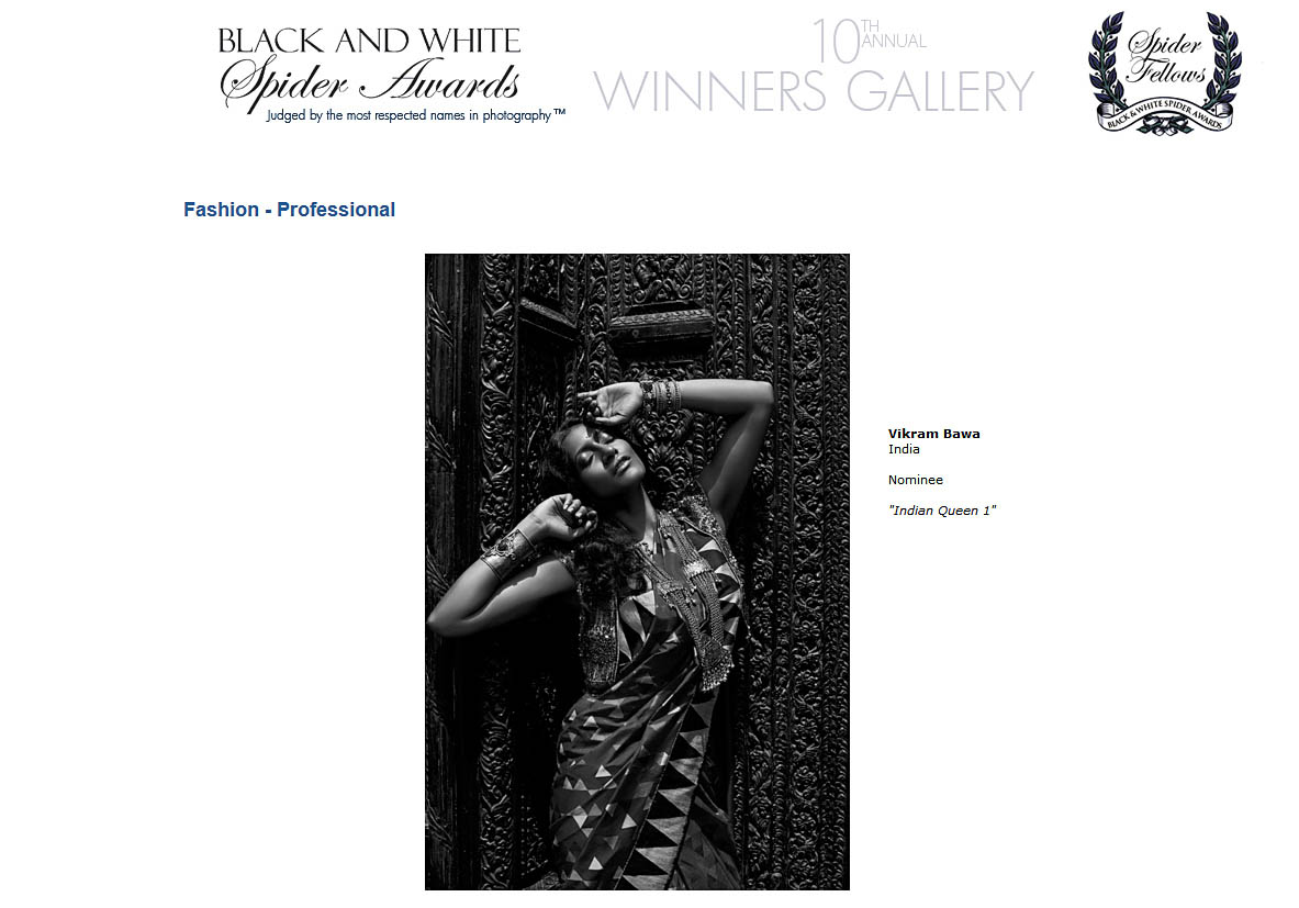 Best Award Winner Photographer in India, Vikram Bawa, Black & White Spider Award winner, 10th Annual Winner Award in Nominee in Fashion - Professional, Spider Awards, Best Fashion Photographer, Vikram Bawa, Mumbai, India