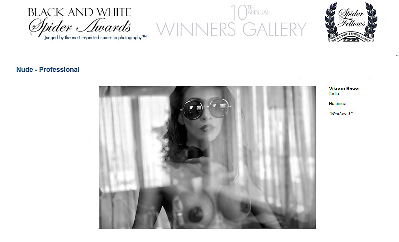 Best Award Winner Photographer in India, Vikram Bawa, Black & White Spider Award winner, 10th Annual Winner Award in Nominee in Nude -Professional, Spider Awards, Best Fashion Photographer, Best Art Photographer, Vikram Bawa, Mumbai, India
